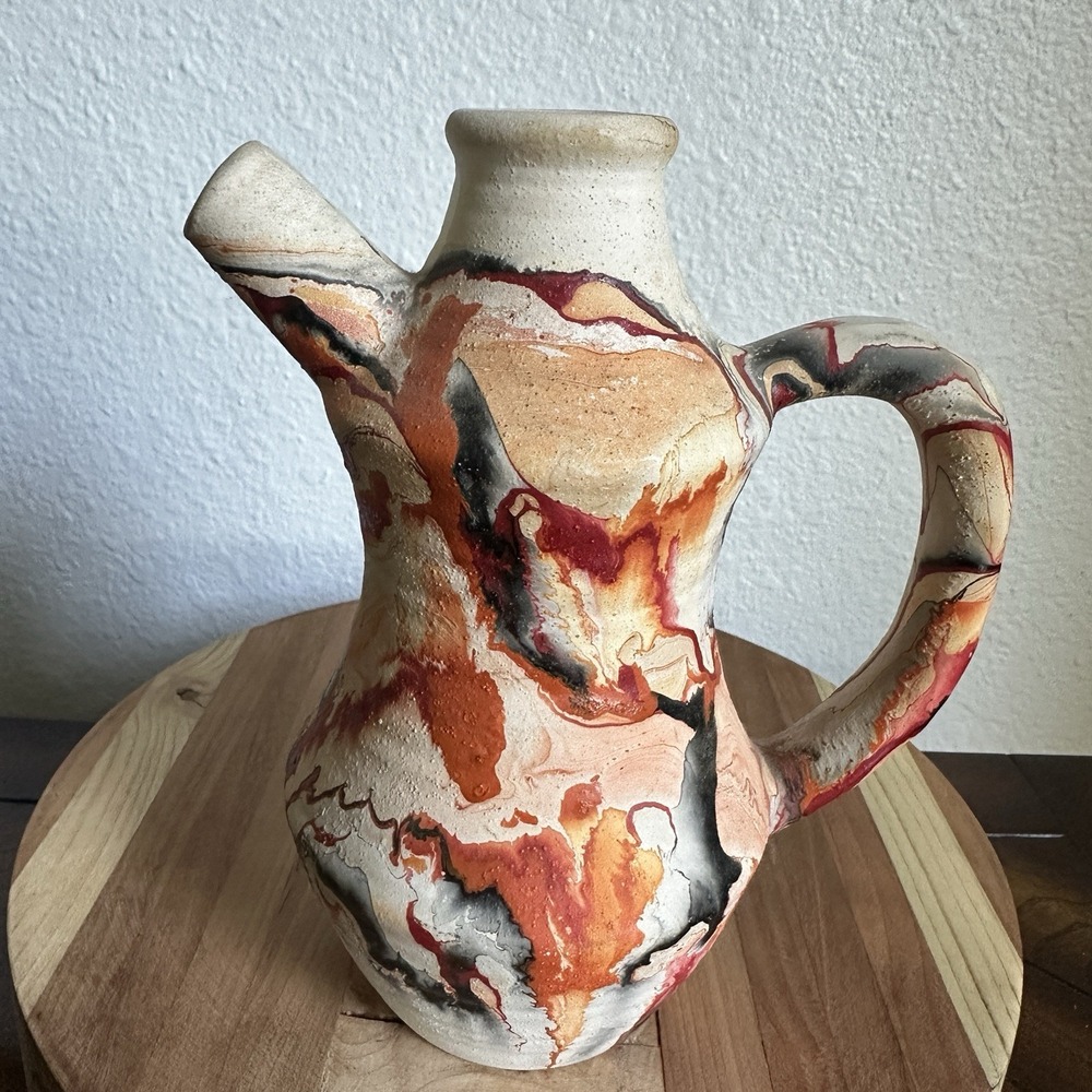 VTG NEMADJI Pottery USA Spouted Pitcher Jug Vase‎ 7.5 Inch Swirl Marbled Clay